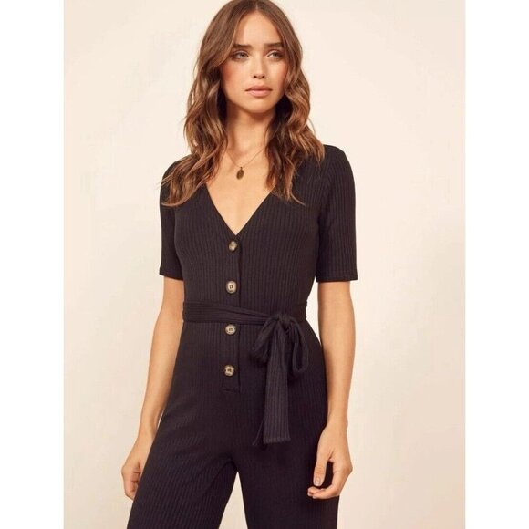REFORMATION Jeans Black Camille Ribbed Knit Button V-Neck Stretchy Jumpsuit XS - Picture 4 of 13